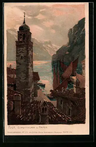 Künstler-AK Zeno Diemer: Riva, Stadtthurm und Hafen im dunstigen Abendlicht