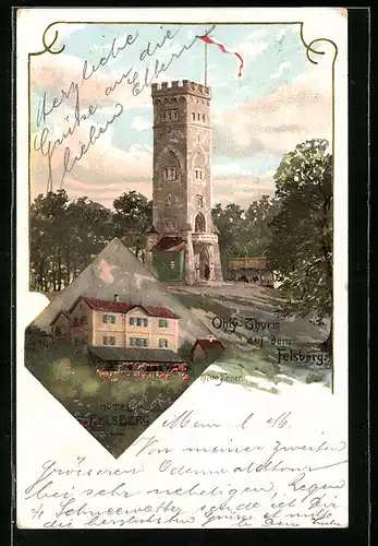 Künstler-AK Zeno Diemer: Lautertal, Hotel Felsberg und Ohly-Thurm auf dem Felsberg