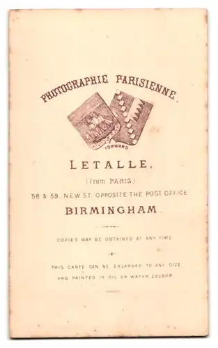 Fotografie Letalle, Birmingham, 58 & 59, New St., Bürgerliche Dame mit zeitgenössischer Frisur