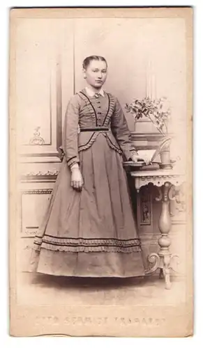 Fotografie Otto Schmidt, Tharand, hübsches junges Mädchen im hellen Kleid mit Brosche posiert im Atelier