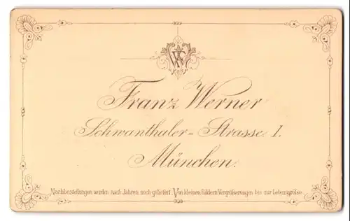 Fotografie Franz Werner, München, Schwanther-Str. 1, Anschrift des Fotografen und Monogramm