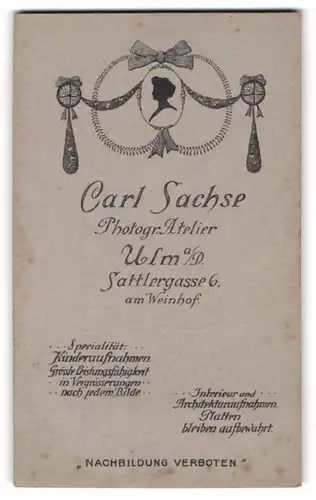 Fotografie Carl Sachs, Ulm a. D., Sattlergasse 6, Frauenkopf im Seitenprofil als Schattenriss