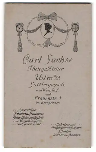 Fotografie Carl Sachs, Ulm a. D., Sattlergasse 6, Jungedstil Verzierung mit Frauenkopf im Schattenriss