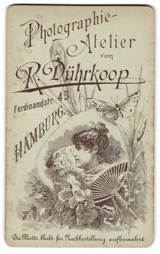 Fotografie R. Dührkoop, Hamburg, Ferdinandstr. 43, Frauenkopf mit Fächer und Schmetterling