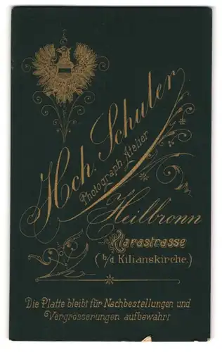 Fotografie Hch. Schuler, Heilbronn, Klarastr., Phönix Wappen und Anschrift des Fotografen