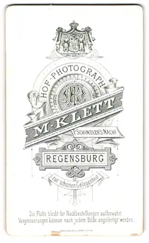 Fotografie M. Klett, Regensburg, königliches Wappen und Monogramm des Fotografen