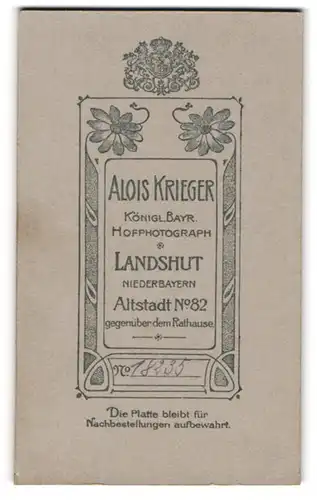 Fotografie Alois Krieger, Landshut, Altstadt 82, königliches Wappen und Anschrift des Fotografen mit Umrandung