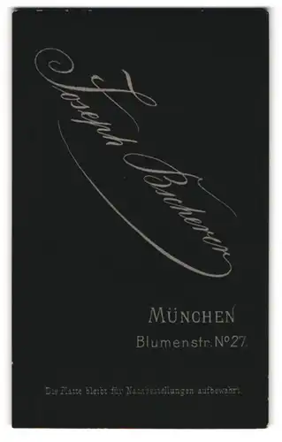 Fotografie Joseph Bscherer, München, Blumenstr. 27, Anschrift und Name des Fotogafen