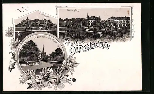 Lithographie Oldenburg, Gartenstrasse und Lambertikirche, Cäcilienplatz