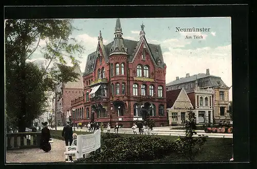 AK Neumünster, Am Teich mit Buchdruckerei R. Hieronymus und Gasthaus