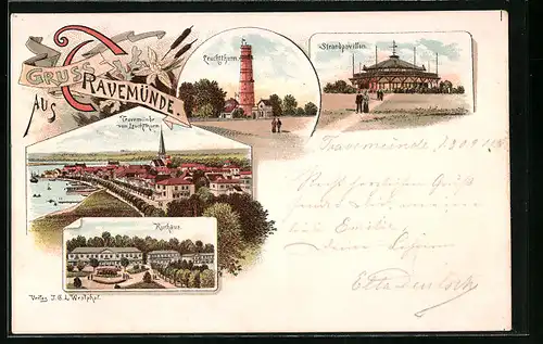 Lithographie Travemünde, Kurhaus, Strandpavillon, Leuchtturm