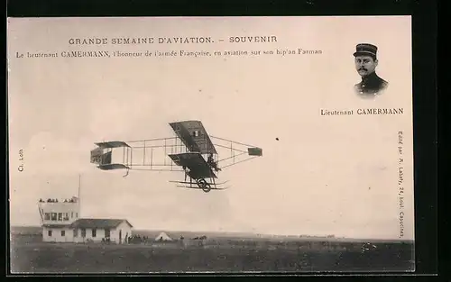 AK Grande Semaine d`Aviation, Portrait Lieutnant Camermann, biplan Farman