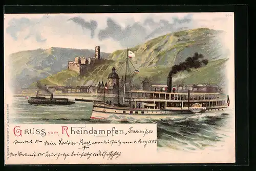 Lithographie Rheindampfer Overstolz mit Blick auf eine Burgruine