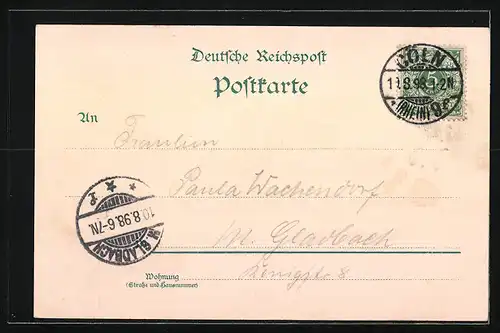 Lithographie Rheindampfer Overstolz mit Blick auf eine Burgruine