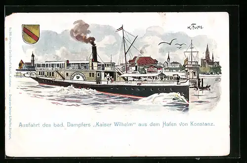 Künstler-AK Konstanz, Ausfahrt des bad. Dampfers  Kaiser Wilhelm aus dem Hafen