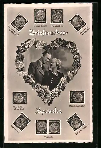 AK Briefmarkensprache, Es mus so sein, Ewig nur Dein, Mach mich glücklich, Paar im Herz