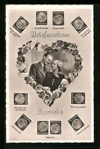 AK Briefmarkensprache, Es muss so sein, Ewig nur Dein, Komme zu mir, Paar im Herz