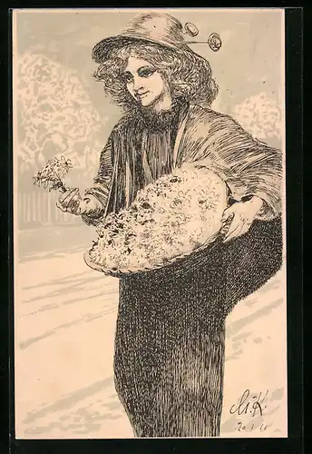 Künstler-AK Leipzig, Margueritentag 1911, Frau mit Blumenkorb