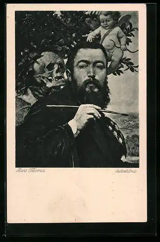 Künstler-AK Hans Thoma: Selbstbildnis mit Totenkopf und Elf