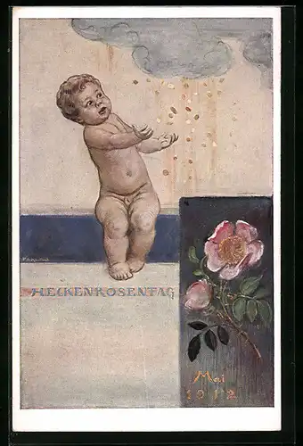Künstler-AK München, Heckenröschentag 1912, Nackter Junge im Geldregen, Blume
