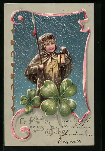 Präge-AK Nachtwächter mit Laterne im Schnee, Neujahrsgruss