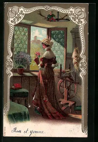 Präge-AK Frau im Kleid neben Spinnrad am Fenster