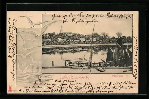 AK Eckernförde-Borby, Panorama mit Kirche und Segelboot