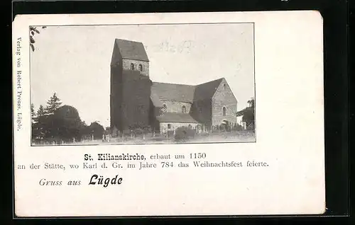 AK Lügde, St. Kilianskirche, erbaut um 1150, wo Karl der Grosse 784 Weihnachten feierte