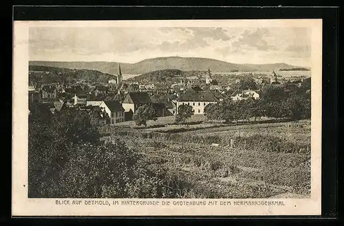 AK Detmold, Totalansicht mit Grotenburg mit dem Hermannsdenkmal