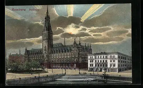 AK Hamburg, Rathaus, Sonne hinter Gewitterwolken