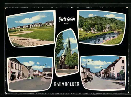 AK Baumholder, Strassenansichten, Kirche, Gebäude am Wasser