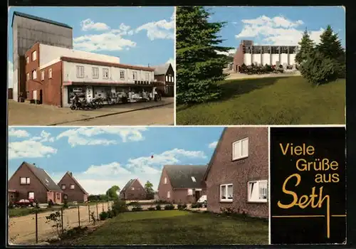 AK Seth, Geschäft, Kirche, Strassenpartie mit Wohnhäusern