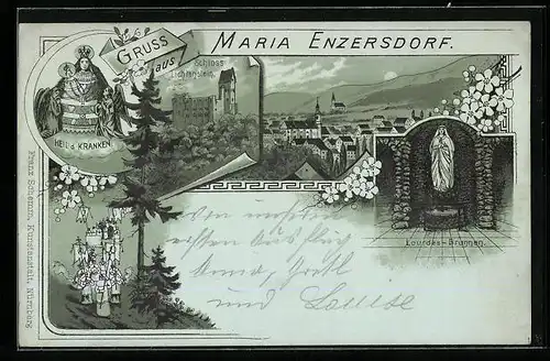 Mondschein-Lithographie Maria Enzersdorf, Schloss Lichtenstein, Lourdes-Brunnen