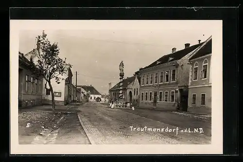 AK Trautmannsdorf a. d. L., Strassenpartie mit Madonnenfigur