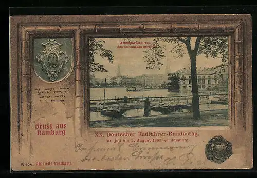 AK Hamburg-Neustadt, Alsterpavillon von den Colonaden gesehen, Wappen, XX. Deutscher Radfahrer-Bundestag