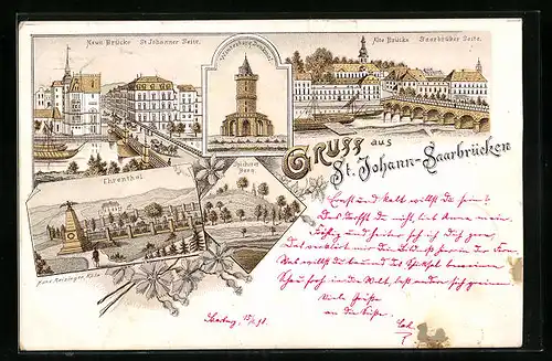 Lithographie St. Johann-Saabrücken, Neue Brücke, Alte Brücke, Ehrenthal, Spicherer Berg