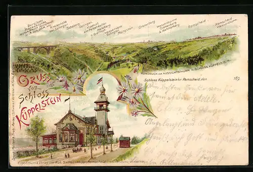 Lithographie Remscheid, Restaurant Schloss Küppelstein, Panorama vom Aussichtsthurm