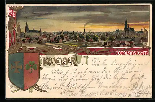 Präge-Lithographie Kevelaer, Totalansicht mit Kirche, Wappen