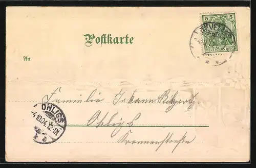 Präge-Lithographie Kevelaer, Totalansicht mit Kirche, Wappen