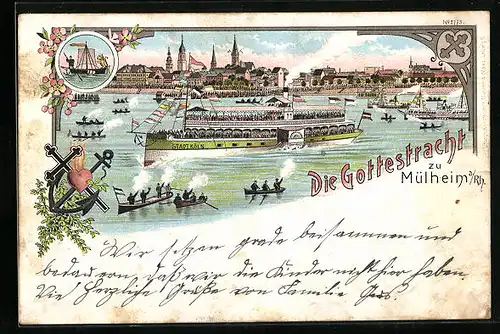 Lithographie Mülheim /Rhein, Teilansicht, Rheindampfer Stadt Köln