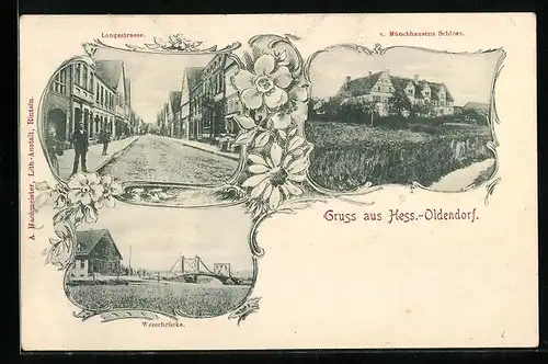 AK Hess.-Oldendorf, Langestrasse, Weserbrücke, von Münchhausens Schloss