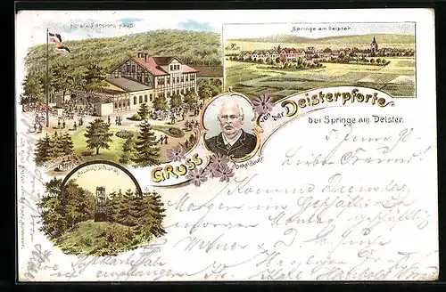 Lithographie Springe am Deister, Hotel und Pension-Haus Deisterpforte, Aussichtsturm