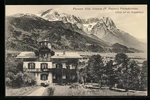 AK Partenkirchen, Pension Villa Viktoria. Blick zur Zugspitze