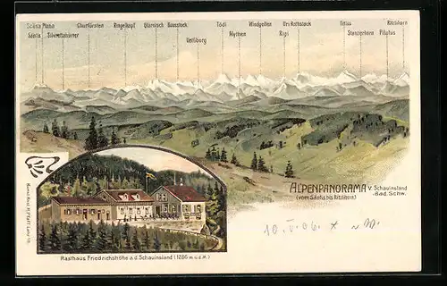 Lithographie Schauinsland, Rasthaus Friedrichshöhe a.d. Schauinsland, Alpenpanorama