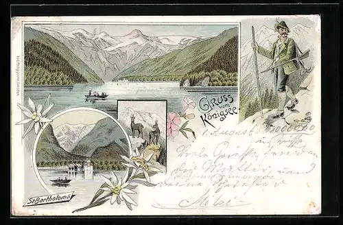 Lithographie Königsee, St. Bartholomä, Gesamtansicht, Jäger mit Gams