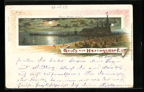 Lithographie Heringsdorf, Kaiser Wilhelm Brücke bei Nacht