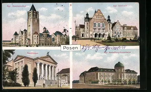 AK Posen, Kgl. Residenzschloss, Kgl. Akademie, Stadttheater, Kgl. Ansiedlungskommission