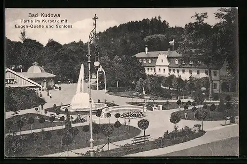 AK Bad Kudowa, Partie im Kurpark mit Eugen-Quelle und Schloss