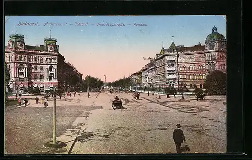 AK Budapest, Blick entlang der Andrássystrasse und Rundau