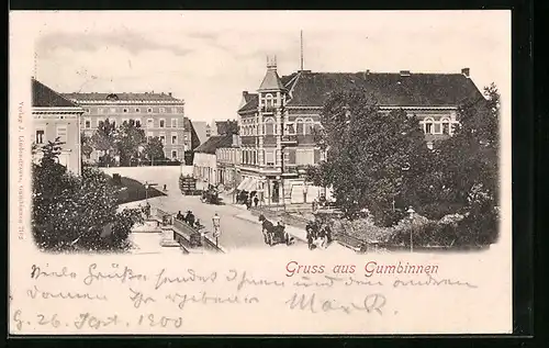 AK Gumbinnen, Ortspartie mit Pferdekutsche